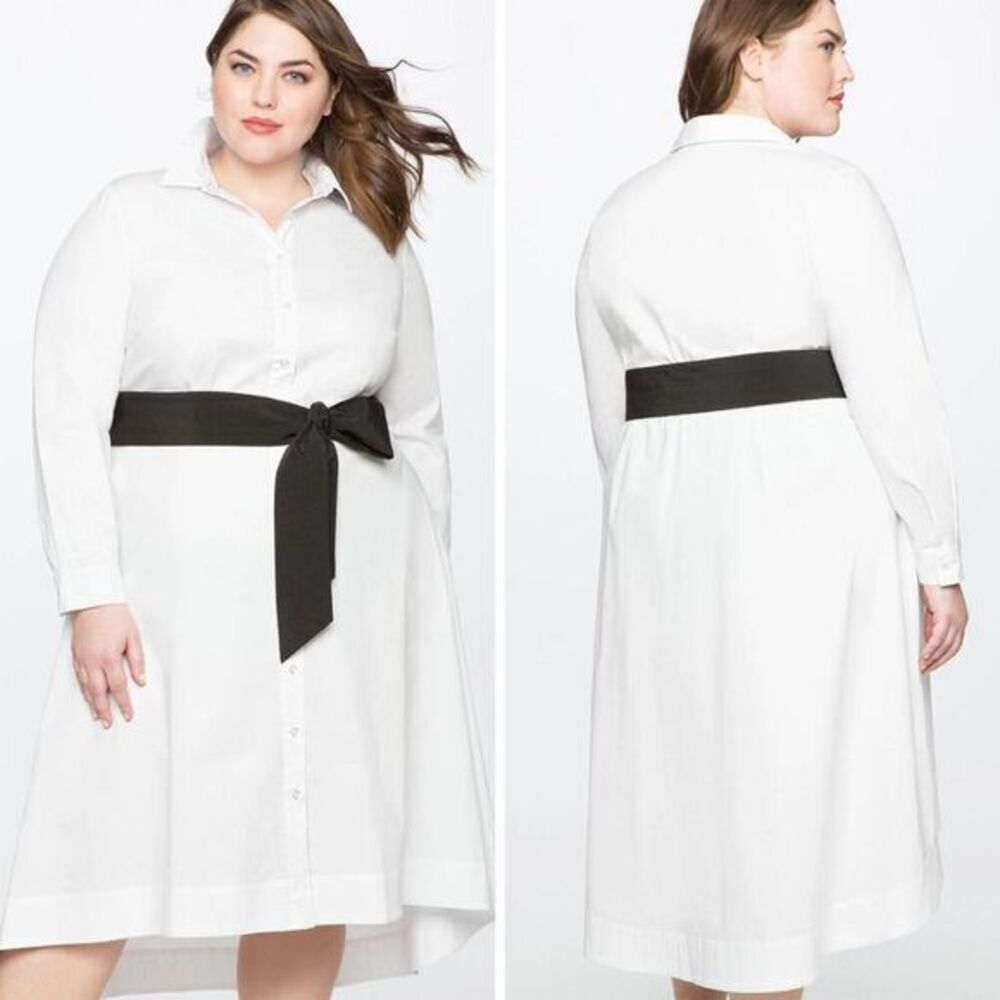 NEW Eloquii white High Low Shirt‎ Dress with Contrast black Belt, 16